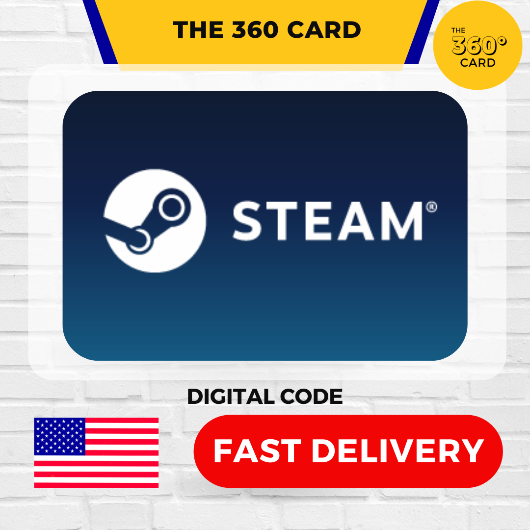 An image featuring a digital code card for Steam, showcasing the Steam logo. The text "The 360 Card" appears at the top. There's also "Digital Code" written below the card, and "Fast Delivery" in bold red. An American flag is displayed at the bottom left. How Much is Steam Card in USA