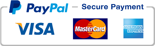 Logos of PayPal, Visa, MasterCard, and American Express indicating secure payment options.