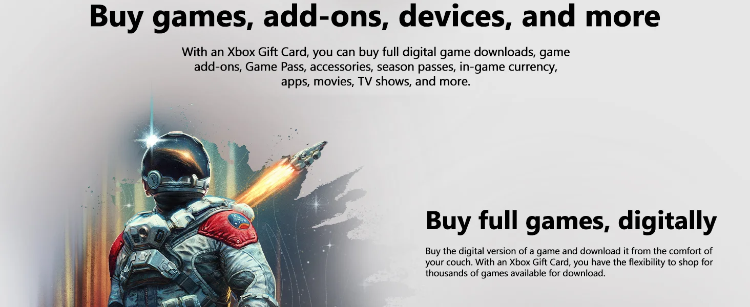 Promotional image for Xbox Gift Card featuring a futuristic astronaut character, emphasizing the ability to buy games, add-ons, devices, and more digitally.