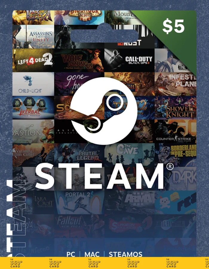 A 5$- STEAM Gift Card (Email Delivery) is displayed with a background collage of various game covers including "Transistor," "Wargame," "Call of Duty," "XCOM," and more. Text at the bottom reads, "Download and play thousands of your favorite games.