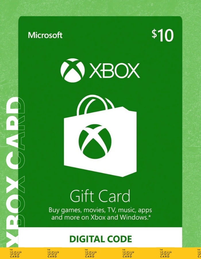 Green Microsoft Xbox gift cards with a value of 10 dollars. The card features the Xbox logo and text stating it can be used to buy games, movies, TV, music, apps, and more on Xbox and Windows. The text "DIGITAL CODE" is displayed at the bottom.