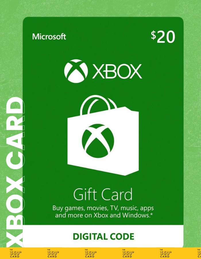 Green Microsoft Xbox gift cards with a value of 20 dollars. The card features the Xbox logo and text stating it can be used to buy games, movies, TV, music, apps, and more on Xbox and Windows. The text "DIGITAL CODE" is displayed at the bottom.