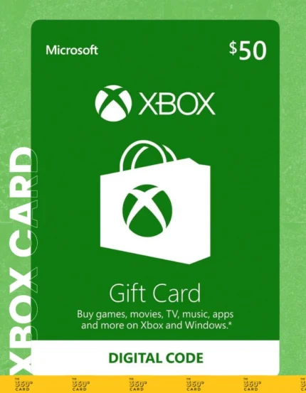 Green Microsoft Xbox gift cards with a value of 50 dollars. The card features the Xbox logo and text stating it can be used to buy games, movies, TV, music, apps, and more on Xbox and Windows. The text "DIGITAL CODE" is displayed at the bottom.