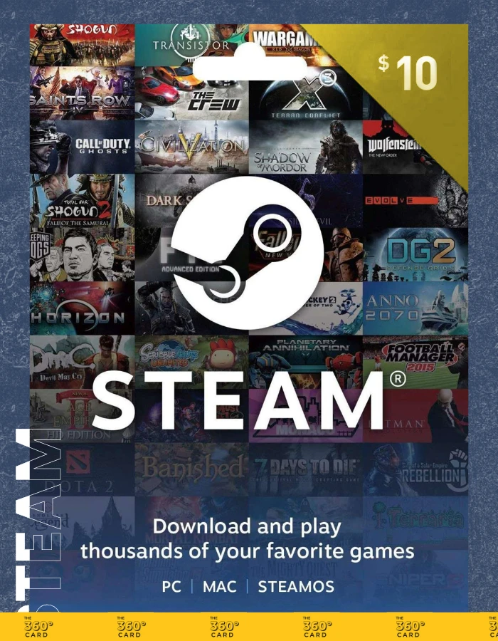 A 10$- STEAM Gift Card (Email Delivery) is displayed with a background collage of various game covers including "Transistor," "Wargame," "Call of Duty," "XCOM," and more. Text at the bottom reads, "Download and play thousands of your favorite games.