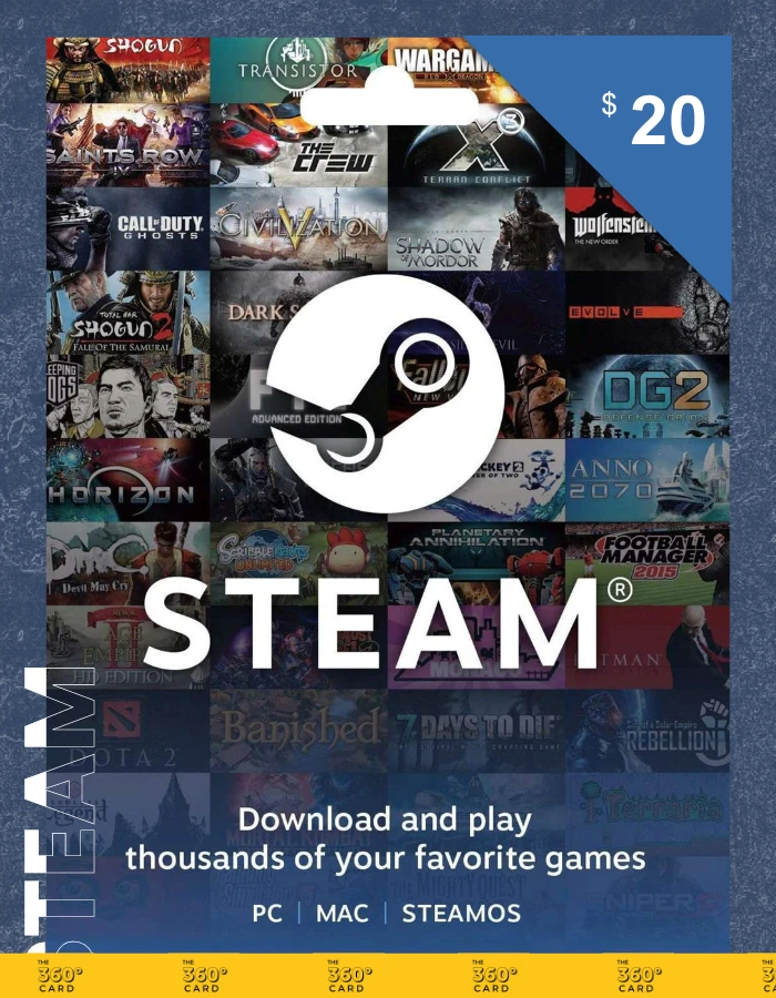 A 20$- Steam Gift Card (Email Delivery is displayed with a background collage of various game covers including "Transistor," "Wargame," "Call of Duty," "XCOM," and more. Text at the bottom reads, "Download and play thousands of your favorite games.