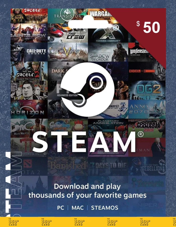 A 50$- Steam Gift Card (Email Delivery) is displayed with a background collage of various game covers including "Transistor," "Wargame," "Call of Duty," "XCOM," and more. Text at the bottom reads, "Download and play thousands of your favorite games.