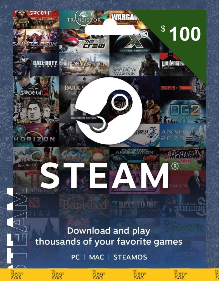 A 100$ - Steam Gift Card (Email Delivery) is displayed with a background collage of various game covers including "Transistor," "Wargame," "Call of Duty," "XCOM," and more. Text at the bottom reads, "Download and play thousands of your favorite games.