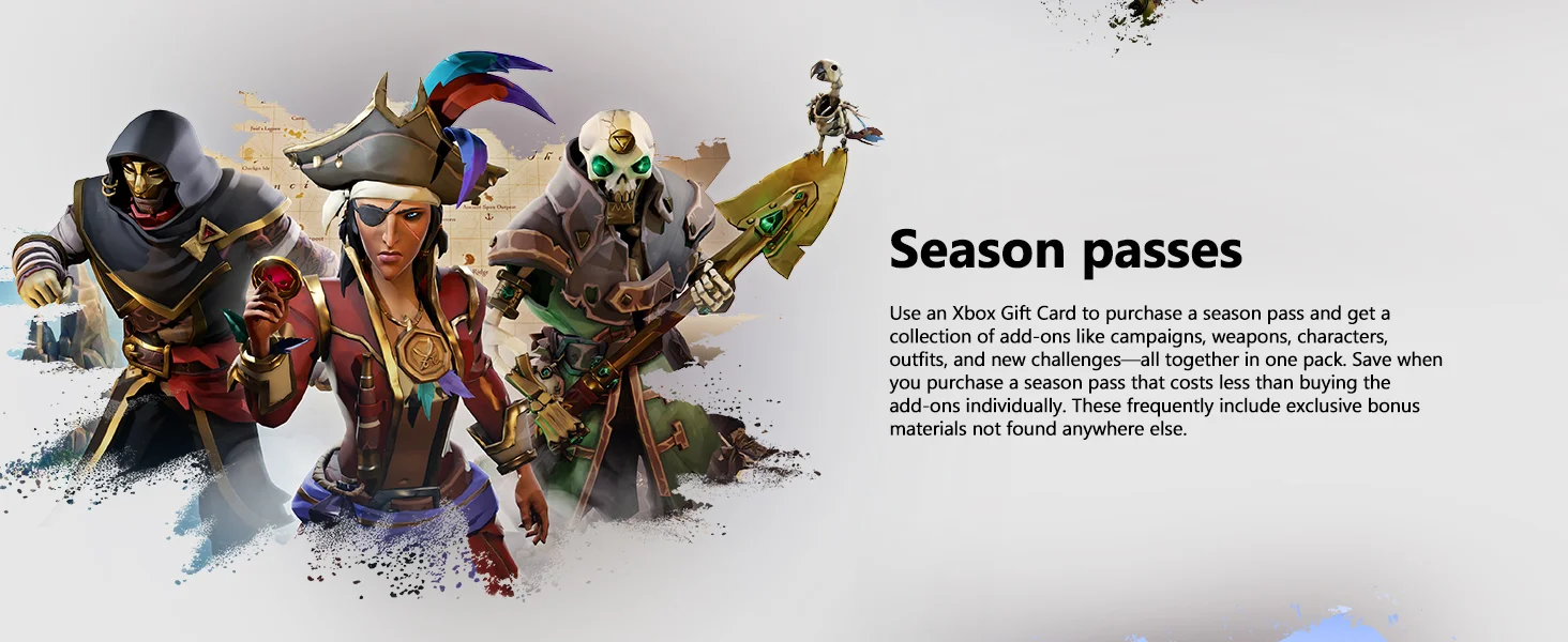 Diverse characters from a video game, including a hooded rogue, a pirate, and a skeletal warrior, introducing the concept of season passes and exclusive content access with Xbox Gift Cards.