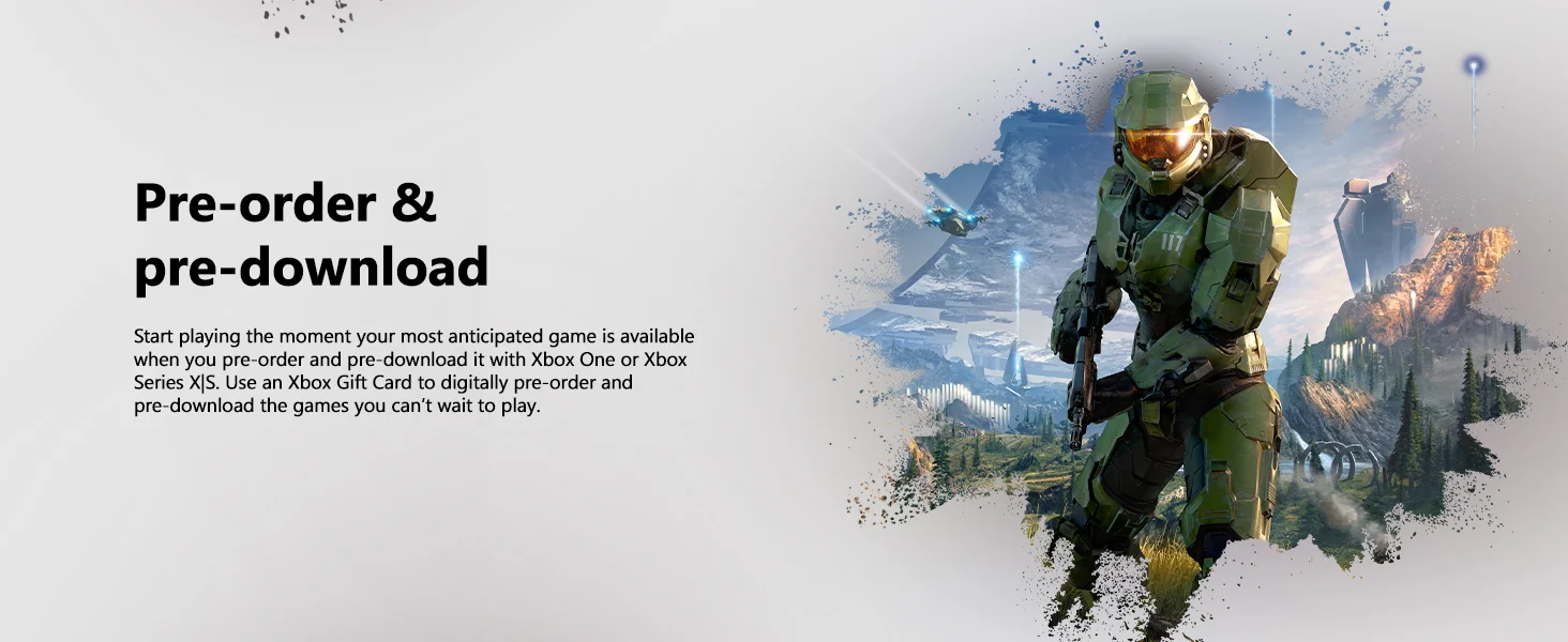 Xbox pre-order and pre-download promotion with a futuristic soldier in green armor on a scenic fantasy background.