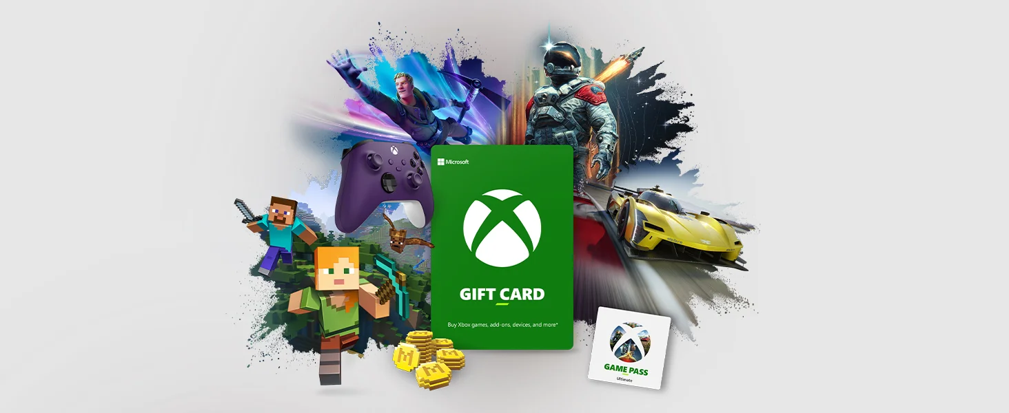 Illustration featuring an Xbox gift cards, surrounded by popular game characters, a purple Xbox controller, and a game pass.