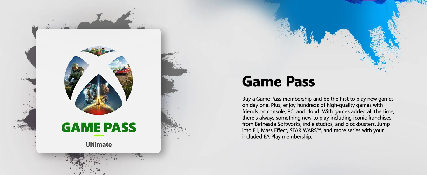 Xbox Game Pass Ultimate advertisement highlighting various games and features, with text explaining membership benefits.