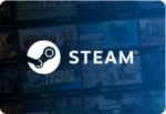 Steam logo displayed over a blurred background featuring various video game covers, including Rocket League and The Evil Within 2. The logo is white with a stylized steam pipe and cogwheel icon to the left of the word "STEAM" in capital letters.