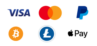 Logos of various payment methods including Visa, MasterCard, PayPal, Bitcoin, Litecoin, and Apple Pay.