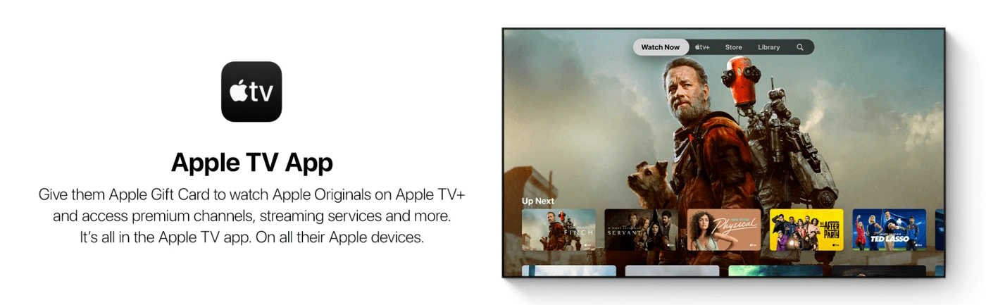 An advertisement for the Apple TV App shows a scene from a sci-fi movie featuring a man with a dog and a robot against a futuristic backdrop. The text promotes Apple Originals on Apple TV+ and suggests giving an Apple Gift Card to access premium content on Apple devices.