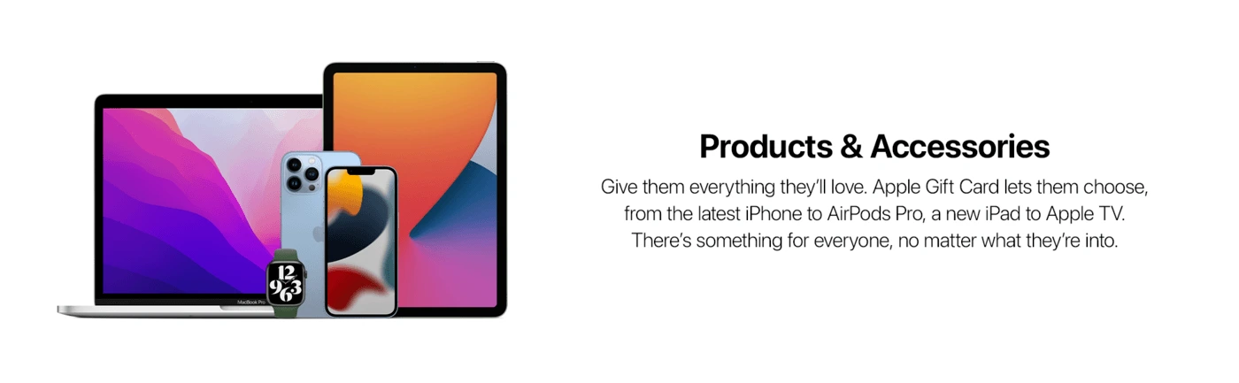 An advertisement showcasing a range of Apple products and accessories. The image includes a MacBook with a vibrant screen, an iPad, an Apple Watch with a green band displaying the time as 12:43, and an iPhone with a colorful abstract background. Accompanied by text promoting Apple Gift Cards for various products.