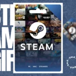 A Steam gift card is shown in focus against a background featuring blurred assorted game covers and the words "STEAM GIF" partially visible. The card displays the Steam logo, along with "STEAM" and "PC | MAC | STEAMOS" written below the logo.