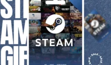 A Steam gift card is shown in focus against a background featuring blurred assorted game covers and the words "STEAM GIF" partially visible. The card displays the Steam logo, along with "STEAM" and "PC | MAC | STEAMOS" written below the logo.