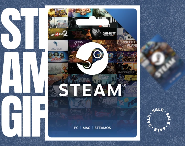 A Steam gift card is shown in focus against a background featuring blurred assorted game covers and the words "STEAM GIF" partially visible. The card displays the Steam logo, along with "STEAM" and "PC | MAC | STEAMOS" written below the logo.