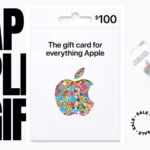 100$- APPLE Gift Card Email Delivery A $100 Apple gift card with a colorful Apple logo made of circles and the text "The gift card for everything Apple." The background displays a blurred "SALE" label along with large text "APPLE GIFT.