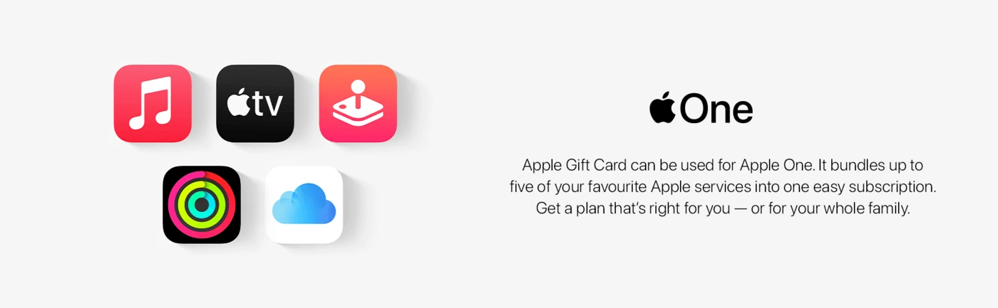 A promotional image for Apple One. It shows icons for five Apple services (Music, TV, Arcade, Fitness, and iCloud) on the left. On the right, there's the Apple One logo and text explaining that Apple Gift Cards can be used for Apple One subscriptions.