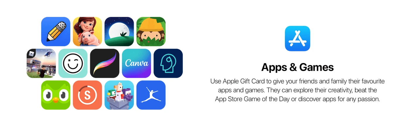 A grid of app icons on the left and text on the right. The icons feature various designs, including a pencil, smiley face, an owl with a hat, and more. The text reads: "Apps & Games. Use Apple Gift Card to give your friends and family their favorite apps and games. They can explore their creativity, beat the App Store Game of the Day or discover apps for any passion.