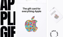 An Apple gift card with a colorful Apple logo made of circles and the text "The gift card for everything Apple." The background displays a blurred "SALE" label along with large text "APPLE GIFT.