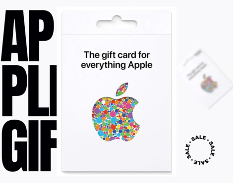 An Apple gift card with a colorful Apple logo made of circles and the text "The gift card for everything Apple." The background displays a blurred "SALE" label along with large text "APPLE GIFT.